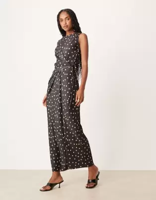 ASOS DESIGN plisse sleeveless wrap tie front maxi dress in polka dot