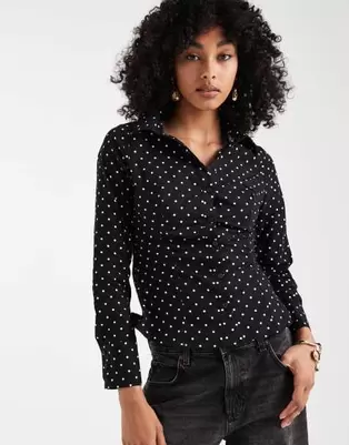 Miss Selfridge poplin fitted shirt in polka dot
