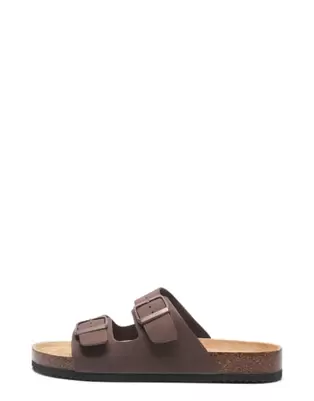 SEQWL Flat slide sandals with buckle closure in brown