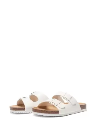 SEQWL Flat slide sandals with buckle closure in white
