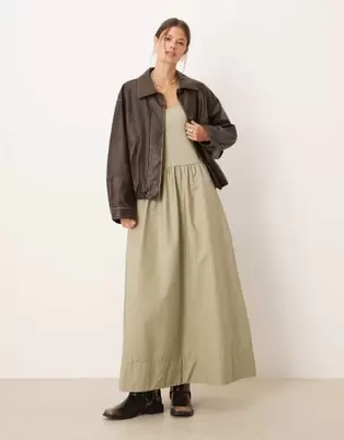 Mango cotton drop waist maxi dress in khaki