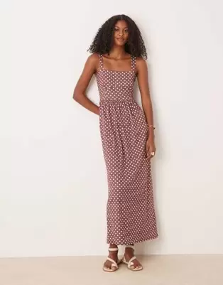 ASOS DESIGN square neck midi dress in brown polka dot