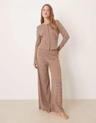 ASOS DESIGN ribbed wide leg trouser in brown stripe