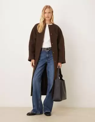 ASOS DESIGN collarless boucle longline formal coat in bitter chocolate