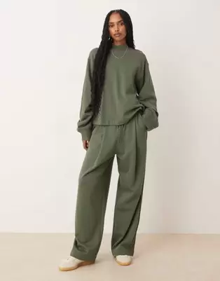 ASOS DESIGN co-ord wide leg jogger with waffle panel detail in khaki