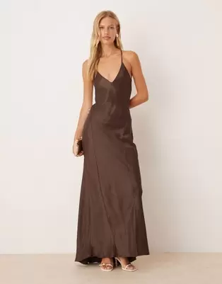 ASOS DESIGN satin seam detail maxi dress in chocolate