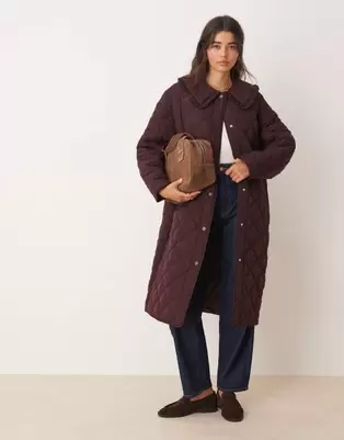 Miss Selfridge quilted maxi coat in plum