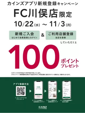 武雄市でのカインズホームのカタログ | 川俣店限定 カインズアプリ新規登録キャンペーン | 2025-10-21T00:00:00.000Z - 2025-11-03T00:00:00.000Z