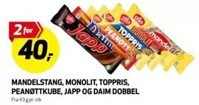 MANDELSTANG, MONOLIT, TOPPRIS, PEANØTTKUBE, JAPP OG DAIM DOBBEL