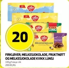 FIRKLØVER, MELKESJOKOLADE, FRUKTNØTT OG MELKESJOKOLADE KVIKK LUNSJ