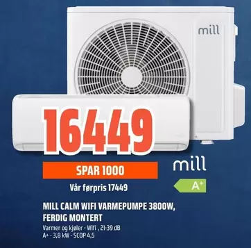 CALM WIFI VARMEPUMPE 3800W, FERDIG MONTERT