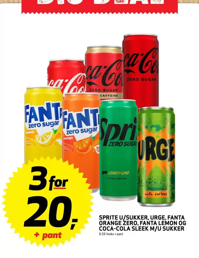 Coca Cola - SPRITE U/SUKKER, URGE, FANTA ORANGE ZERO, FANTA LEMON OG COCA-COLA SLEEK M/U SUKKER