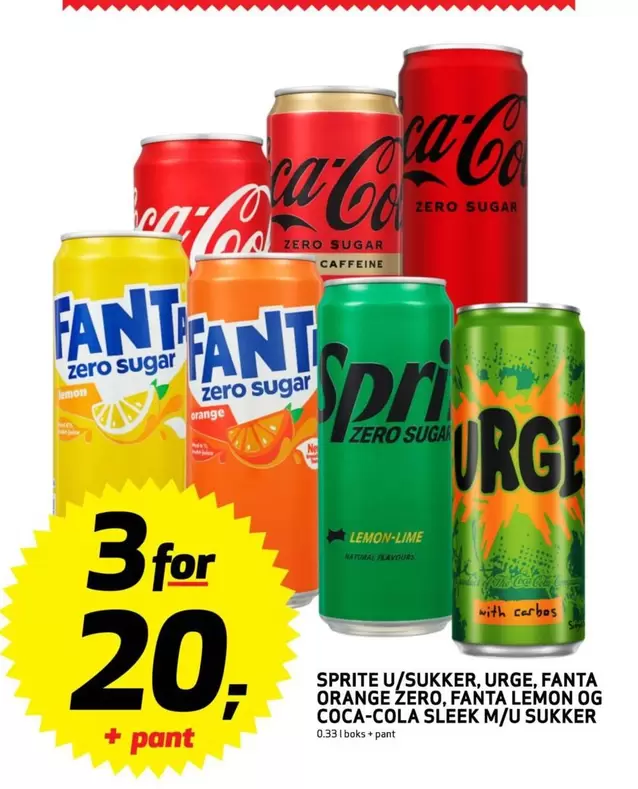 Coca Cola - SPRITE U/SUKKER, URGE, FANTA ORANGE ZERO, FANTA LEMON OG COCA-COLA SLEEK M/U SUKKER