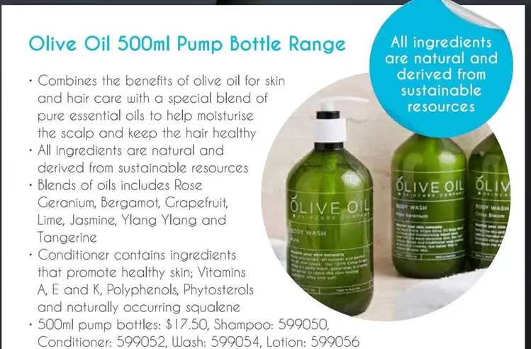 Skin - Olive Oil 500ml Pump Bottle Range