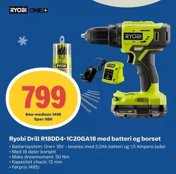 Ryobi - Drill R18DD4-1C20GA18 med batteri og borset