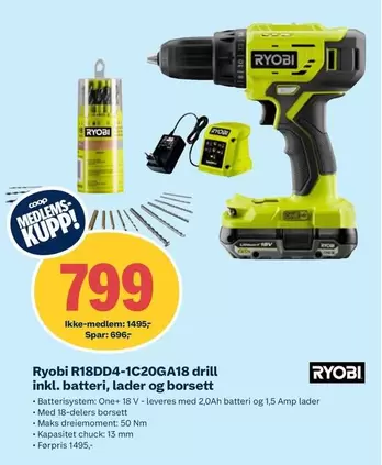 Ryobi - R18DD4-1C20GA18 drill inkl. batteri, lader og borsett