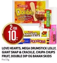Orange - LOVE HEARTS, MEGA DRUMSTICK LOLLY, GIANT SNAP & CRACKLE, CHUPA CHUPS FRUIT, DOUBLE DIP OG BANAN SKIDS