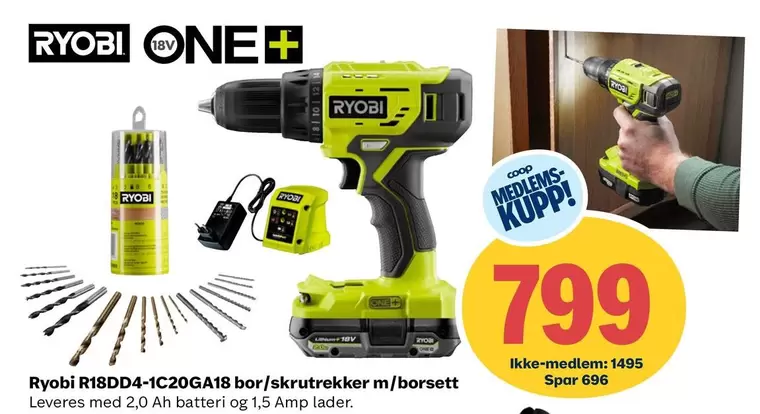 Ryobi - R18DD4-1C20GA18 bor/skrutrekker m/borsett