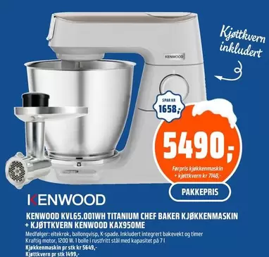 Baker - KVL65.001WH TITANIUM CHEF BAKER KJØKKENMASKIN + KJØTTKVERN KENWOOD KAX950ME