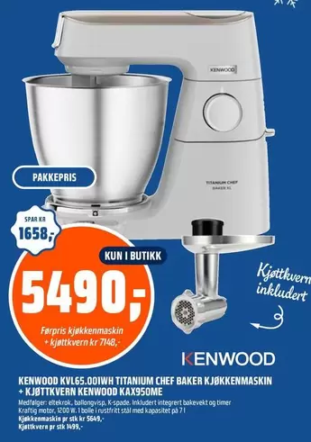 Baker - KVL65.00IWH TITANIUM CHEF BAKER KJØKKENMASKIN + KJØTTKVERN KENWOOD KAX950ME