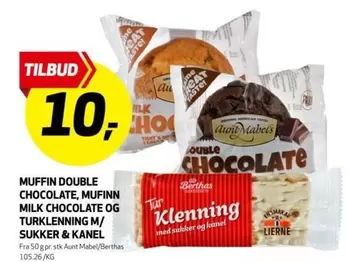 MUFFIN DOUBLE CHOCOLATE, MUFINN MILK CHOCOLATE OG TURKLENNING M/ SUKKER & KANEL