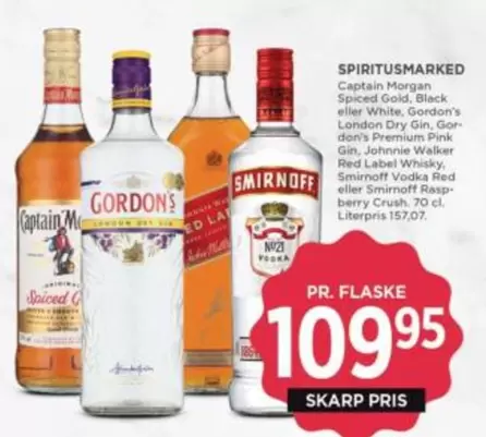 White - Captain Morgan Spiced Gold, Black eller , Gordon's London Dry Gin, Gordon's Premium Pink Gin, Johnnie Walker Red Label Whisky, Smirnoff Vodka Red eller Smirnoff Raspberry Crush