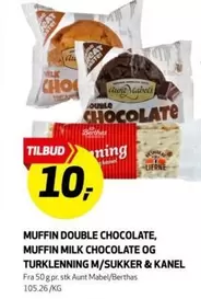 MUFFIN DOUBLE CHOCOLATE, MUFFIN MILK CHOCOLATE OG TURKLENNING M/SUKKER & KANEL