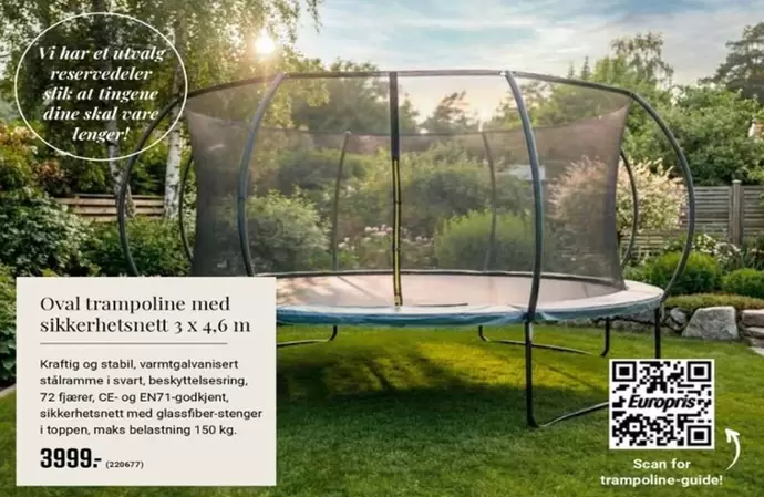 At - Oval trampoline med sikkerhetsnett