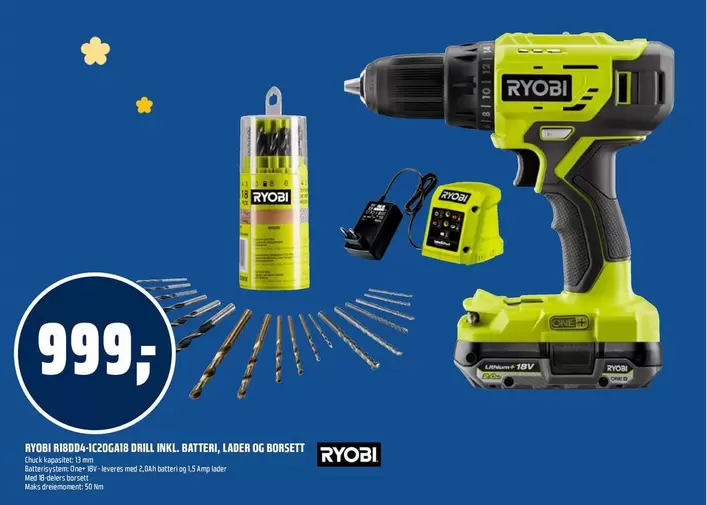Ryobi - RYOBI RDD18C-0C Cordless Drill, Battery, Charger and Bit Set