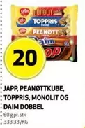JAPP, PEANØTTKUBE, TOPPRIS, MONOLIT OG DAIM DOBBEL