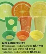 MELAMIN FRUITY Drikkeglass, Skål, Tallerken