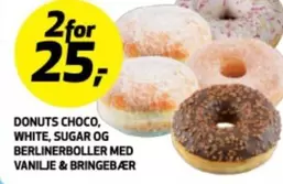 Donuts - DONUTS CHoco, WHITE, SUGAR OG BERLINERBOLLER MED VANILJE & BRINGEBÆR