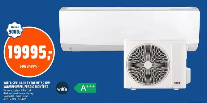 WILFA SHALBARD EXTREME 7,2 KW VARMEPUMPE, FERDIG MONTERT