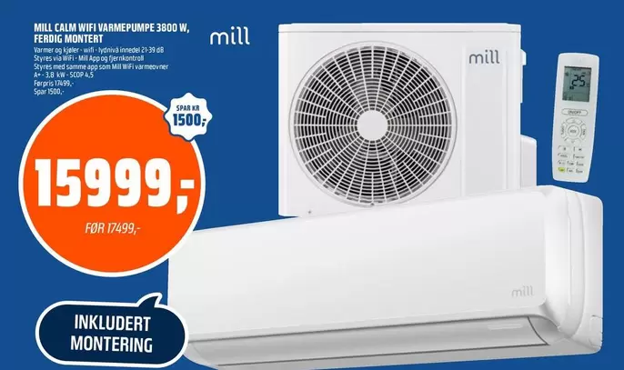 MILL CALM WIFI VARMEPUMPE 3000W, MONTERT