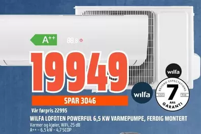 WILFA LUFOTEN POWERFUL 6,5 KW VARMEPUMPE, FERDIG MONTERT