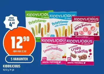 Kiddilicious Potetstaver, SmoothieBiter, Crispy Fruktfisk, Melty Buttons