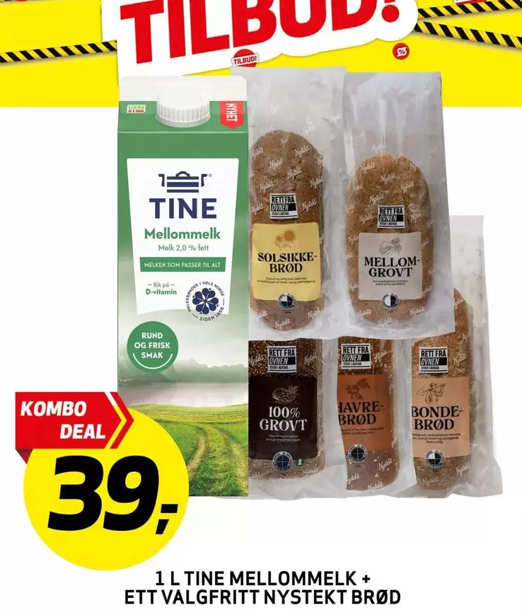 TINE Mellommælk + Valgfritt Nystekt Brød