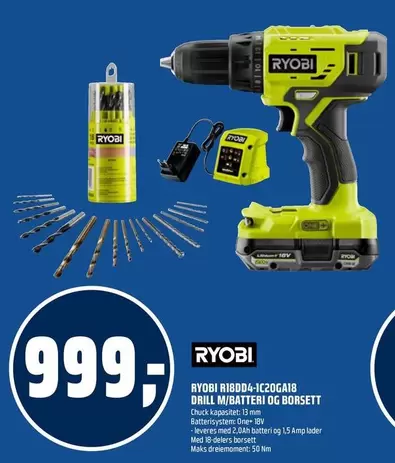 Ryobi - RYOBI R18DD4-1C20GAID DRILL M/BATTERI OG BORSSET