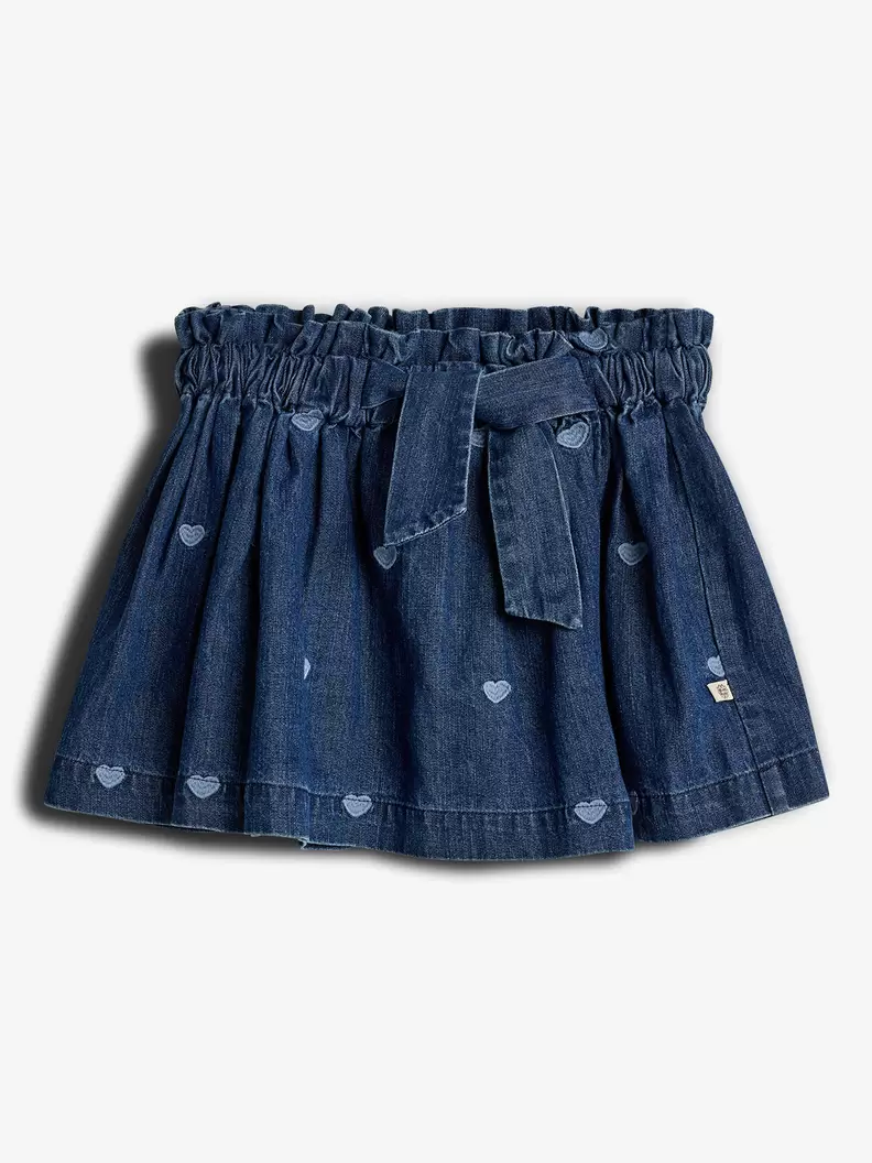 Denim Skirt with Embroidery Dark Blue Denim with Blue Heart