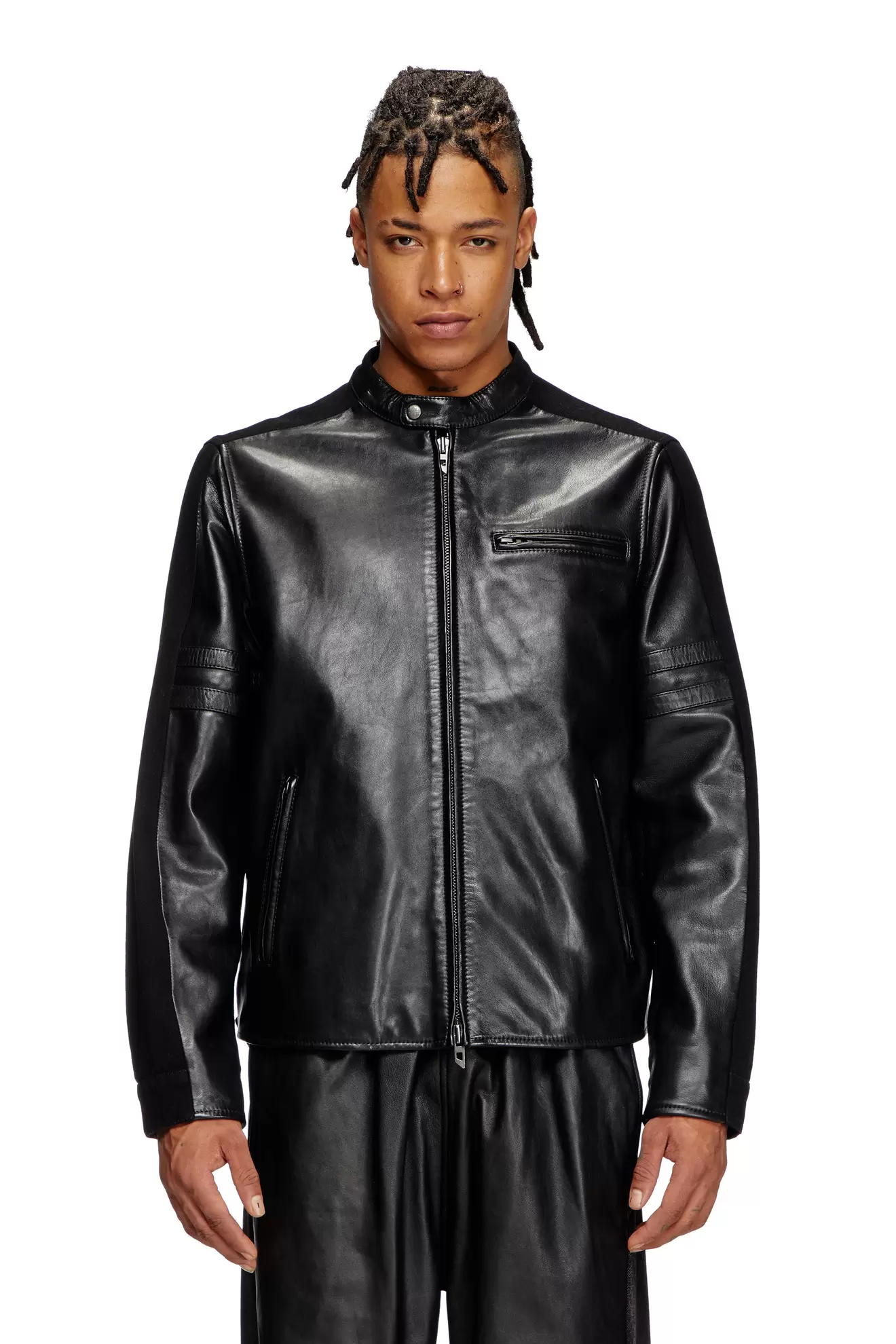 Hybrid denim and leather jacket