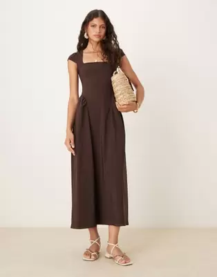 ASOS DESIGN square neck midi sundress with cap sleeves in chocolate - BROWN