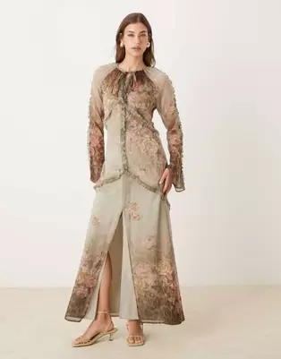 ASOS DESIGN plunge neck long sleeve maxi dress in leopard floral ombre