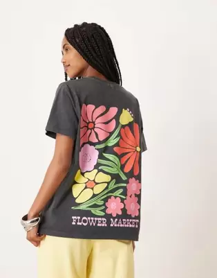 ASOS DESIGN regular fit t-shirt with flower market art graphic in washed charcoal