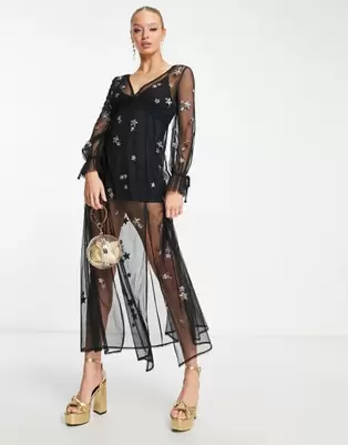 Miss Selfridge sequin star sheer mesh maxi dress in black