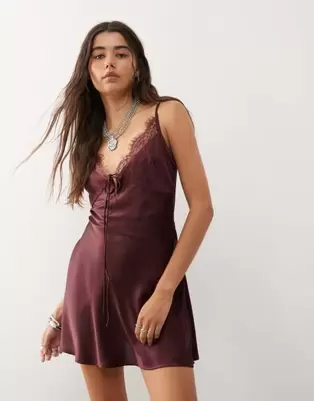 Reclaimed Vintage satin mini dress with lace trims and tie front in deep burgundy red
