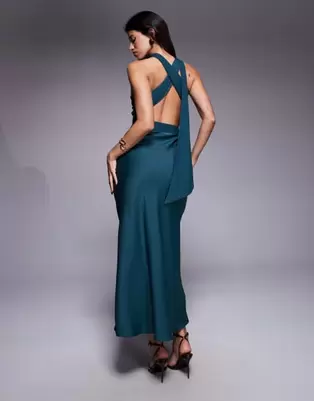 ASOS DESIGN one shoulder satin midi dress with neck sash in navy