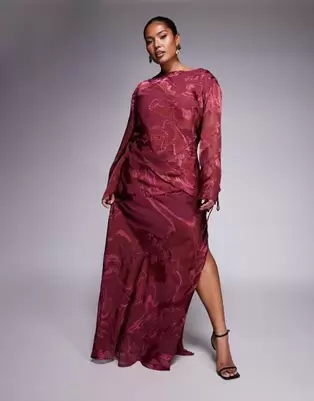 ASOS DESIGN Curve slash neck seam detail burnout maxi dress in burgundy
