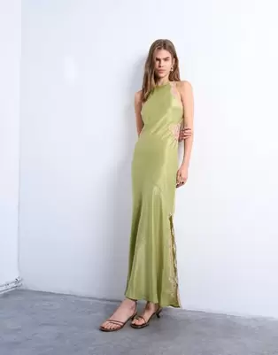 Topshop lace insert racer midi dress in avocado