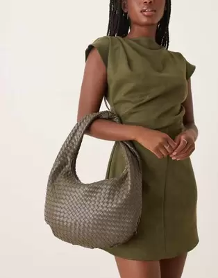 Gina Tricot braided large tote handbag in dark khaki