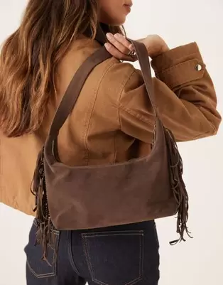 My Accessories faux suede shoulder bag with fringing in brown